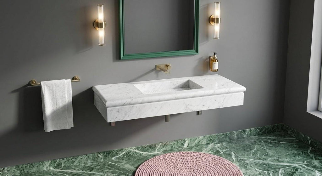 Carrara Marble Floating Sink, Wall Mounted Luxury Basin, White Stone Vessel