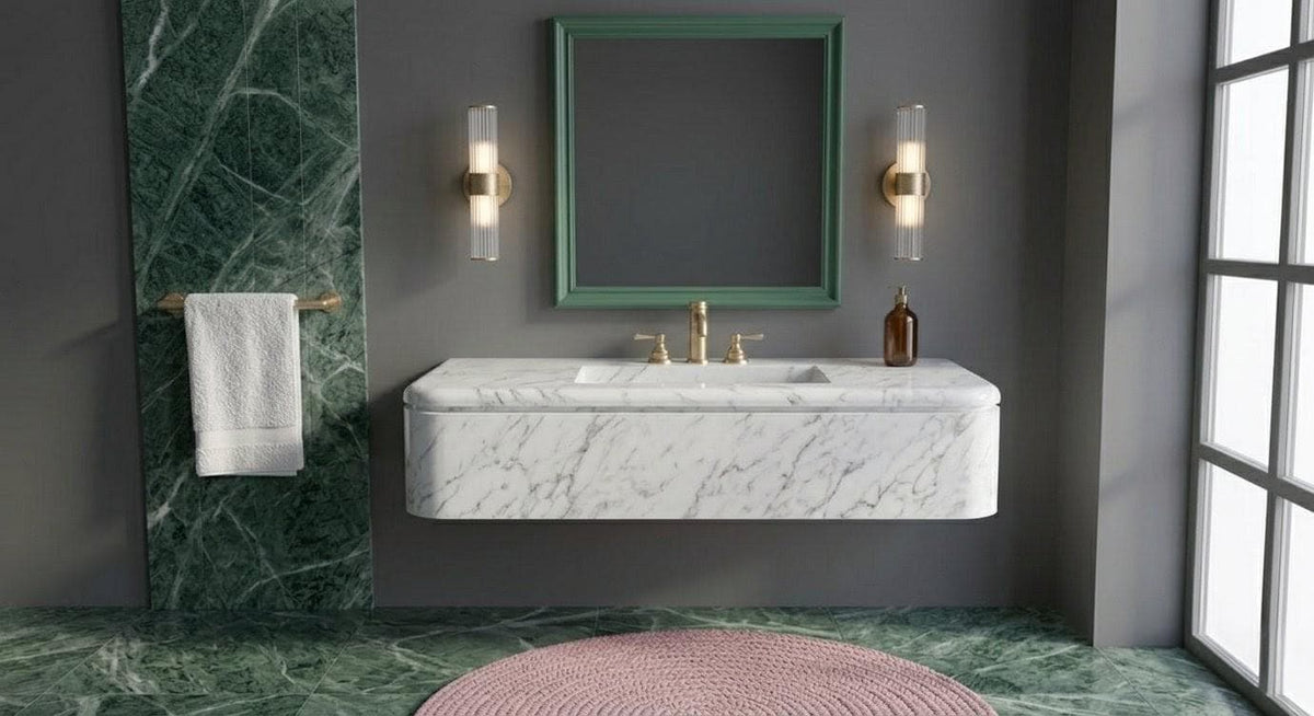 Carrara Marble Floating Sink, Wall Mounted Luxury Basin, White Stone Vessel