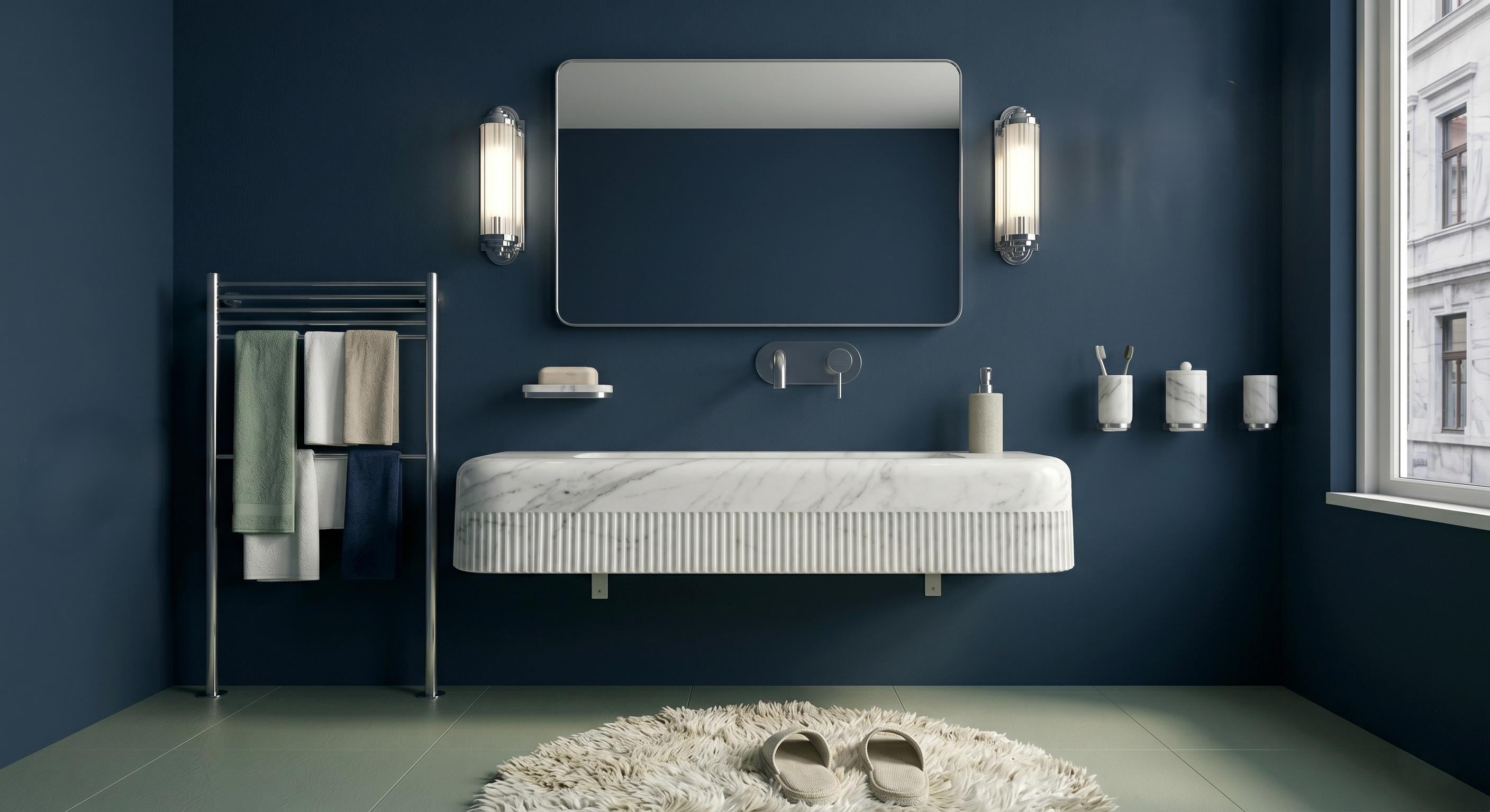 Afyon White Marble Fluted Wall-Mounted Sink, Floating Luxury Bathroom Vanity, Natural Stone Basin