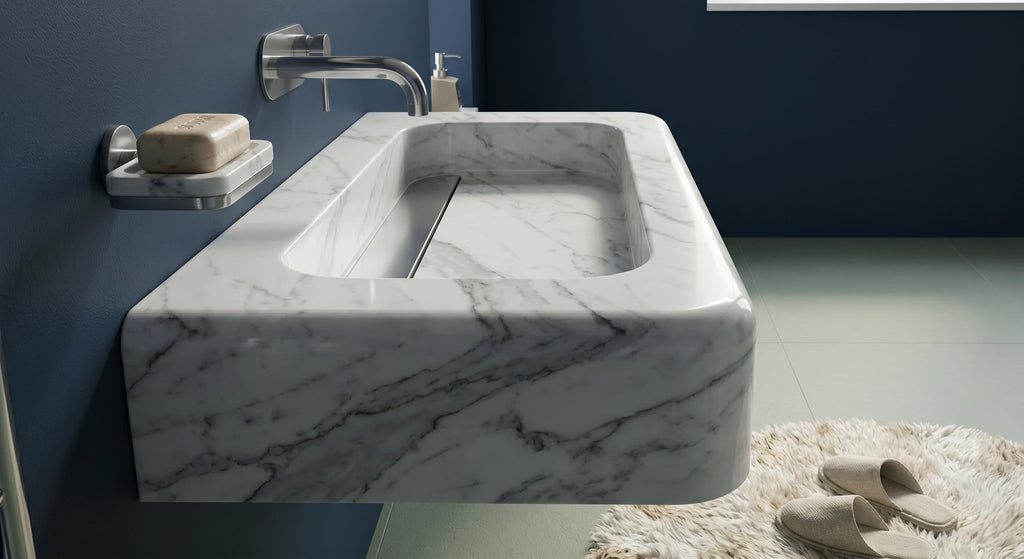 Afyon White Marble Fluted Wall-Mounted Sink, Floating Luxury Bathroom Vanity, Natural Stone Basin