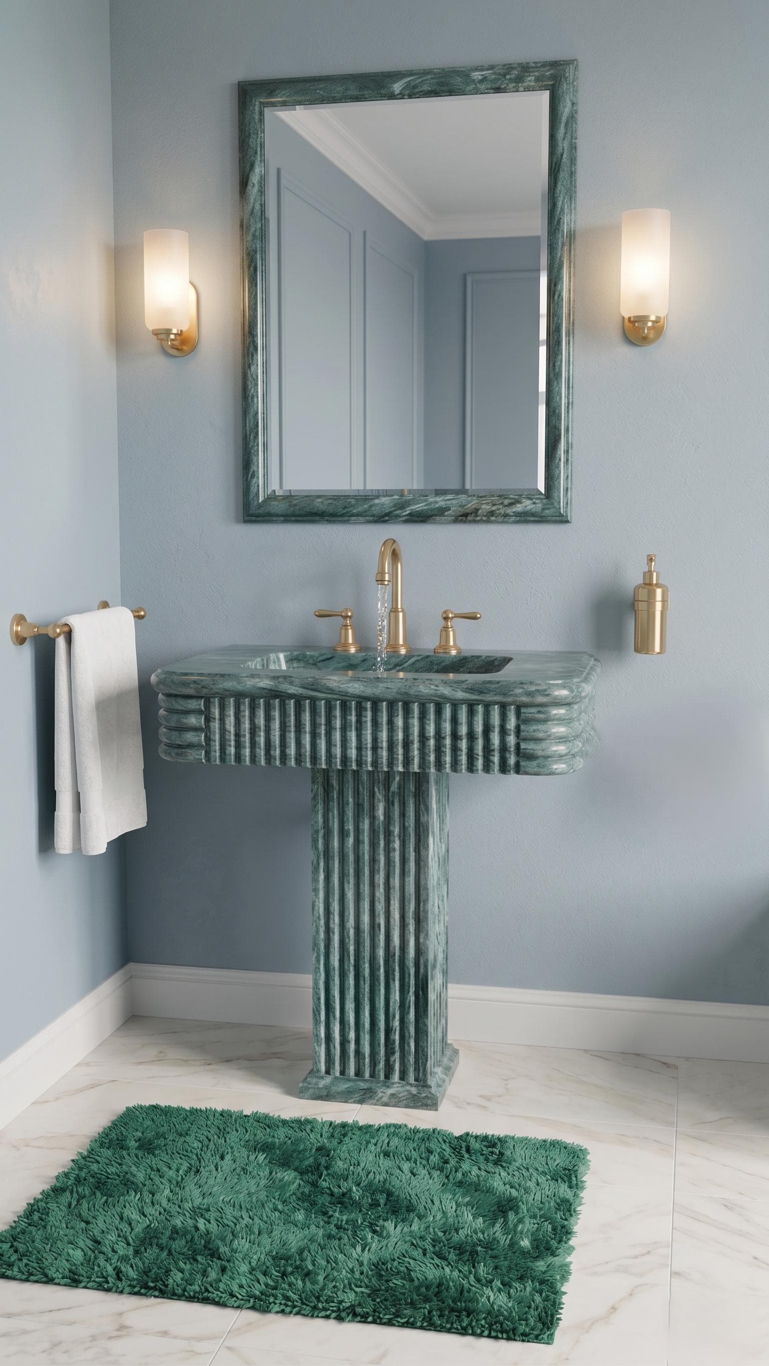 Green Marble Pedestal Sink – Handcrafted Fluted Stone Washbasin, Freestanding Column Basin