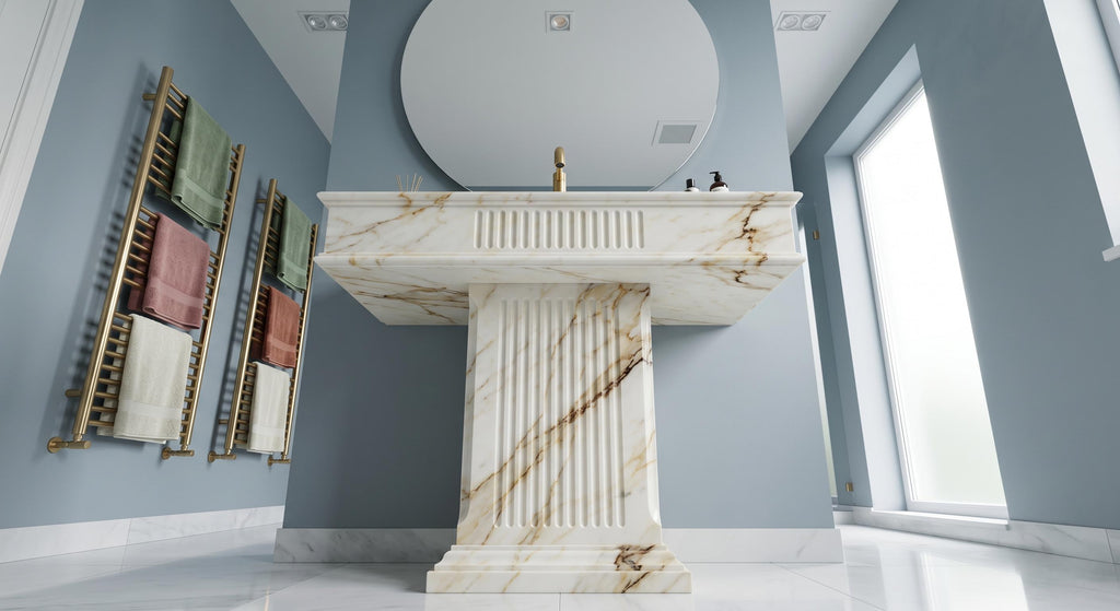 Calacatta Gold Marble Pedestal Sink, Artistic Free Standing Stone Washbasin