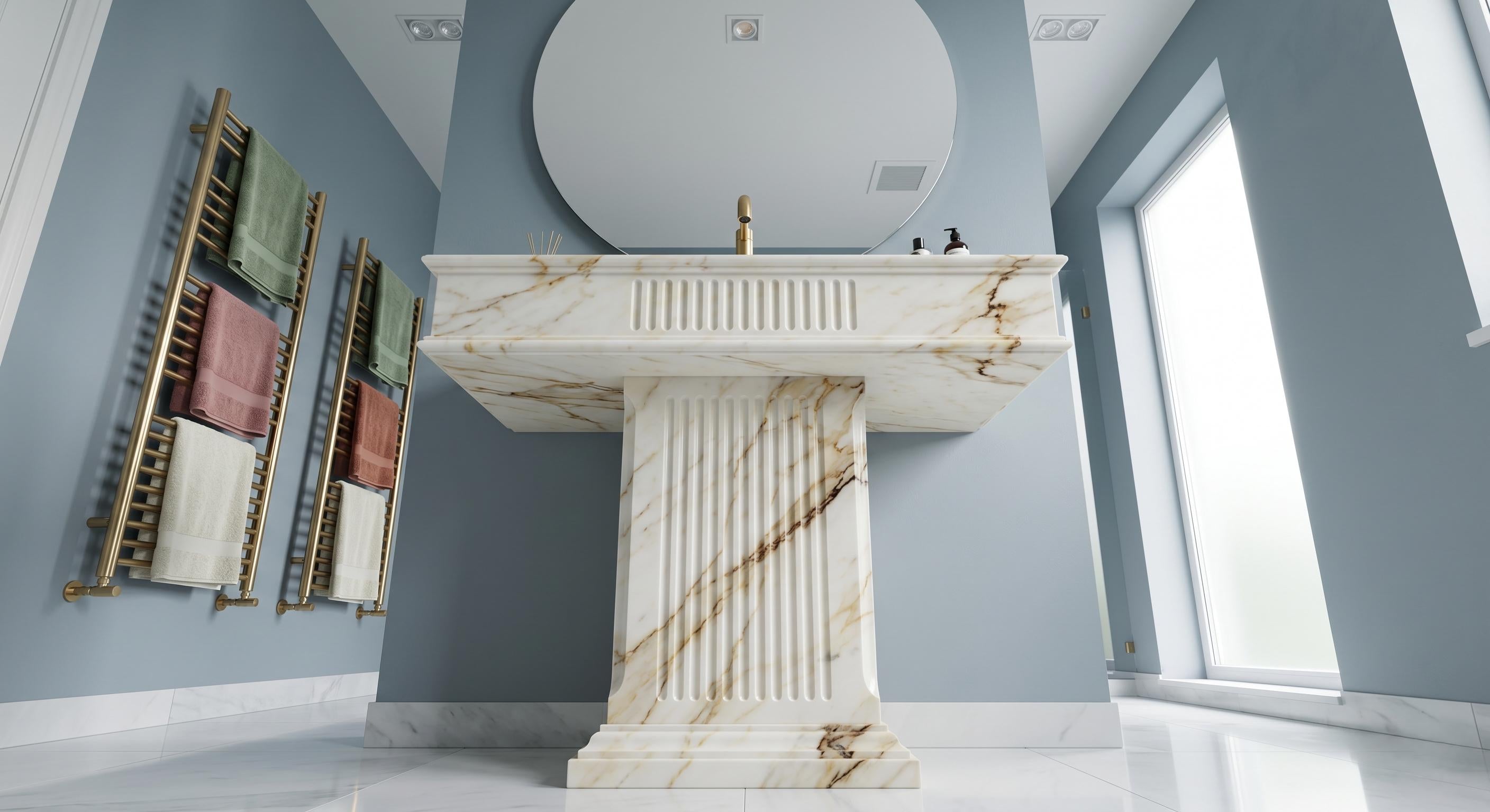 Calacatta Gold Marble Pedestal Sink, Artistic Free Standing Stone Washbasin