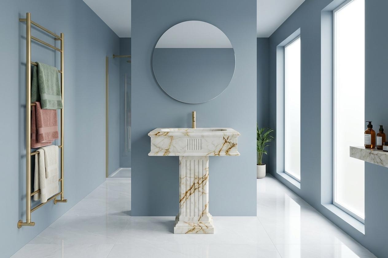 Calacatta Gold Marble Pedestal Sink, Artistic Free Standing Stone Washbasin