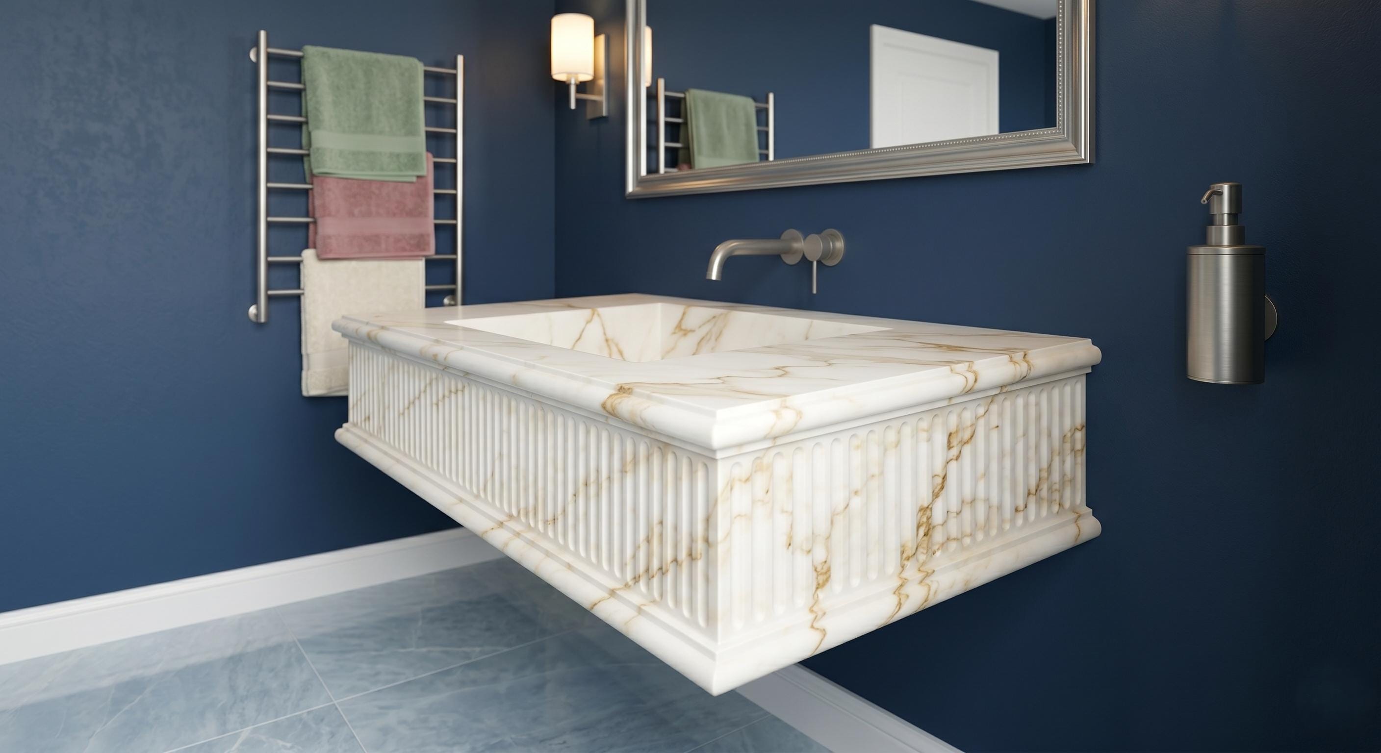 Calacatta Gold Marble Floating Sink, Hand Carved Wall Mounted Vanity, Luxury Bathroom Washbasin