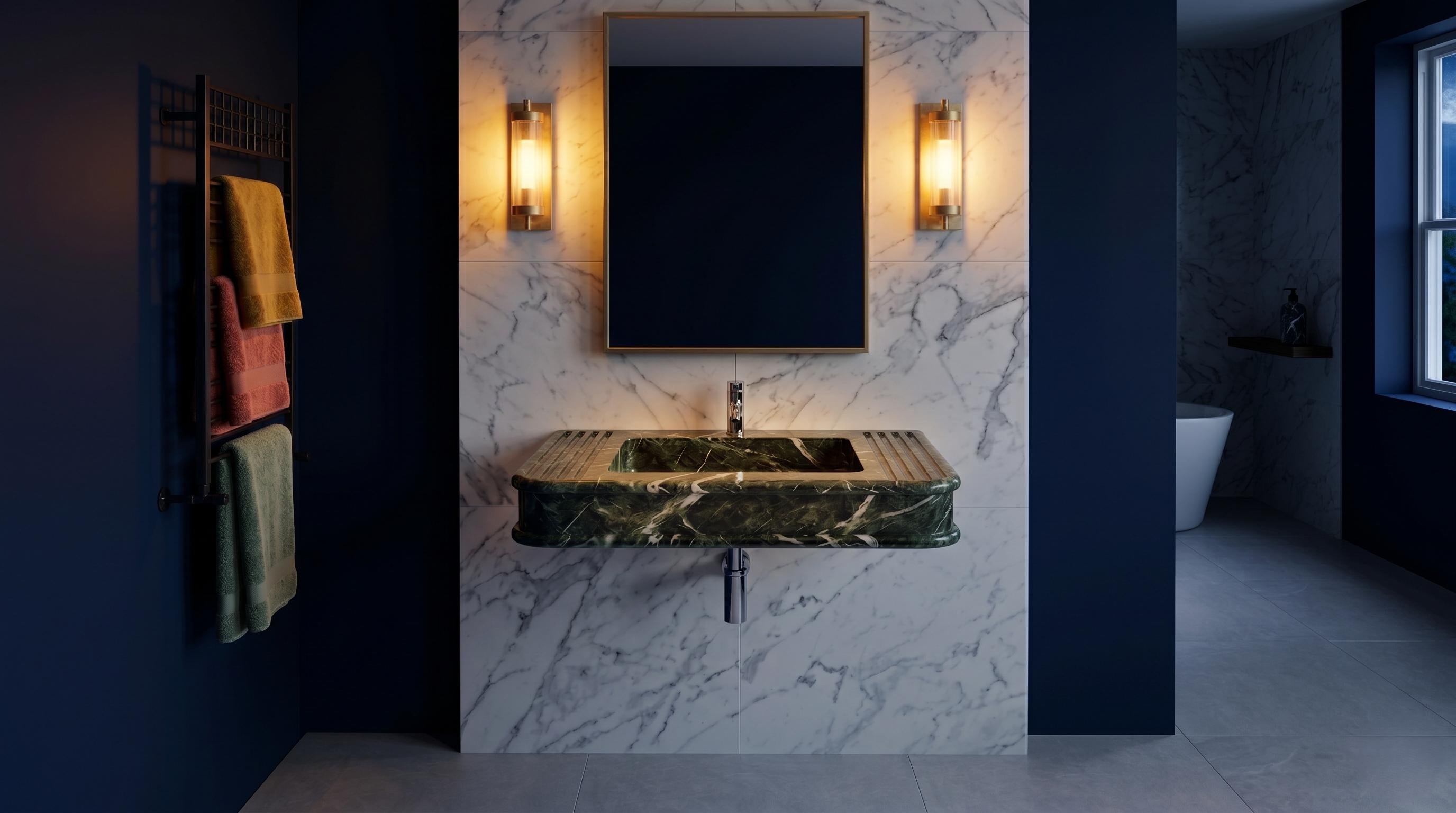 Verde Levanto Marble Sink, Handcarved Fluted Vanity Wash Basin, Luxury Green Stone