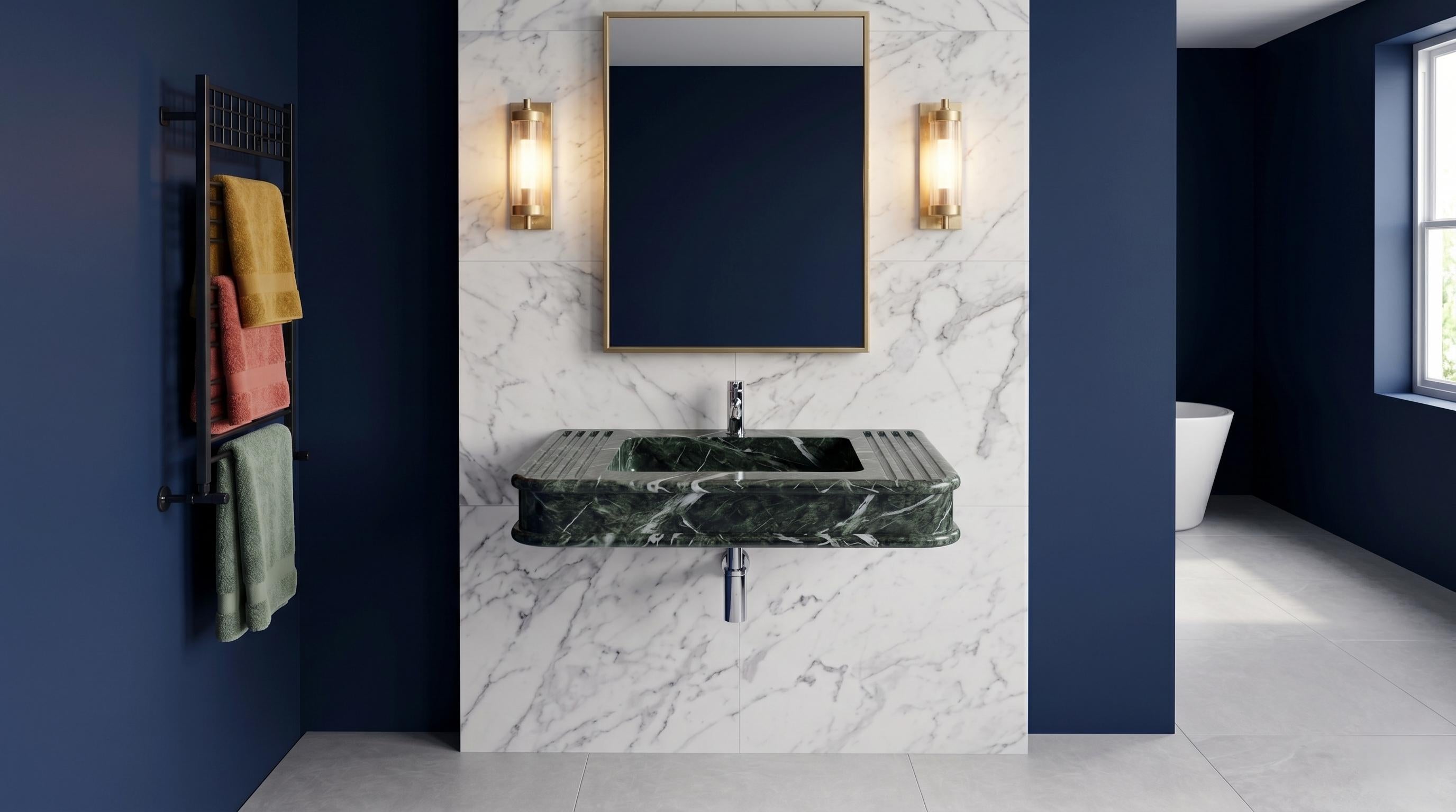 Verde Levanto Marble Sink, Handcarved Fluted Vanity Wash Basin, Luxury Green Stone