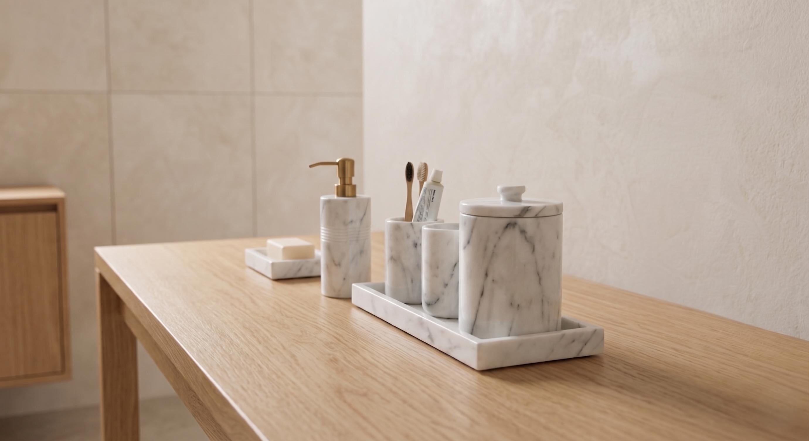 Hand-Carved Carrara Marble Bathroom Accessories Set – 6 Piece Modern Decor