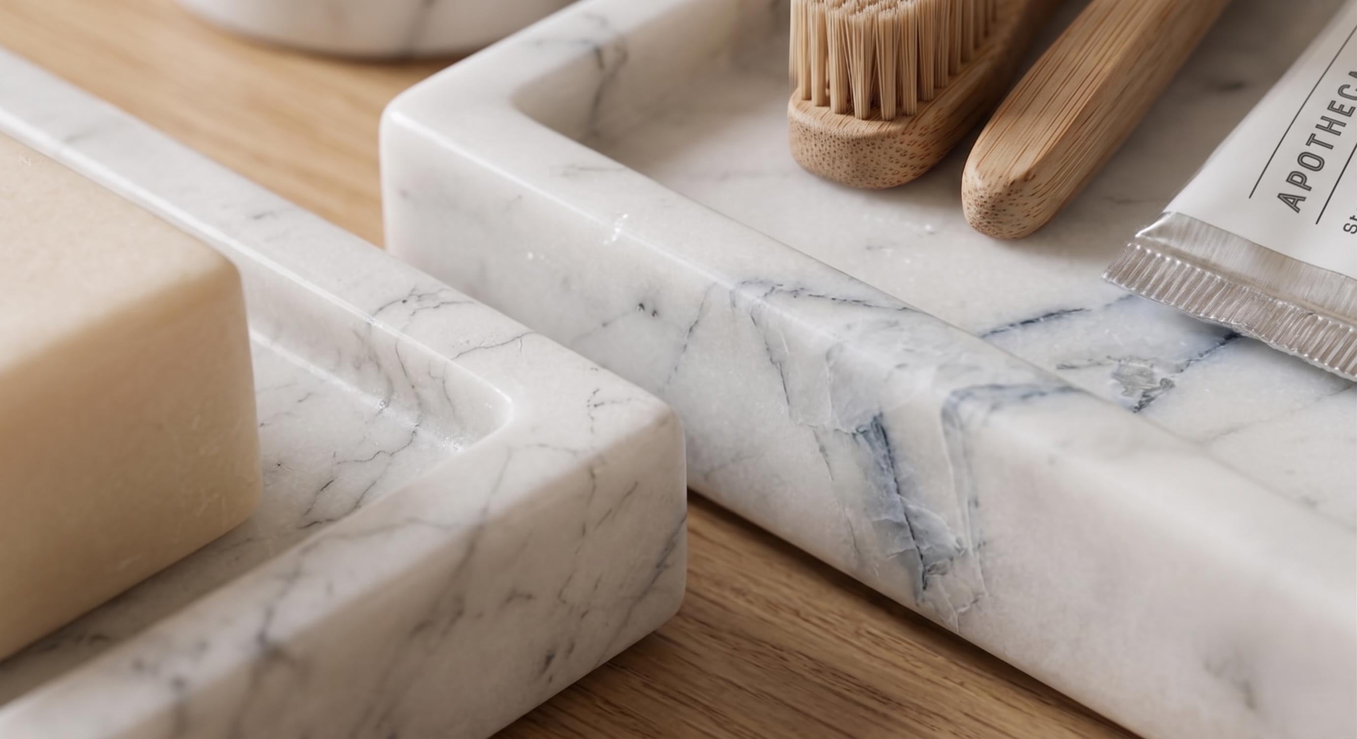 Hand-Carved Carrara Marble Bathroom Accessories Set – 6 Piece Modern Decor