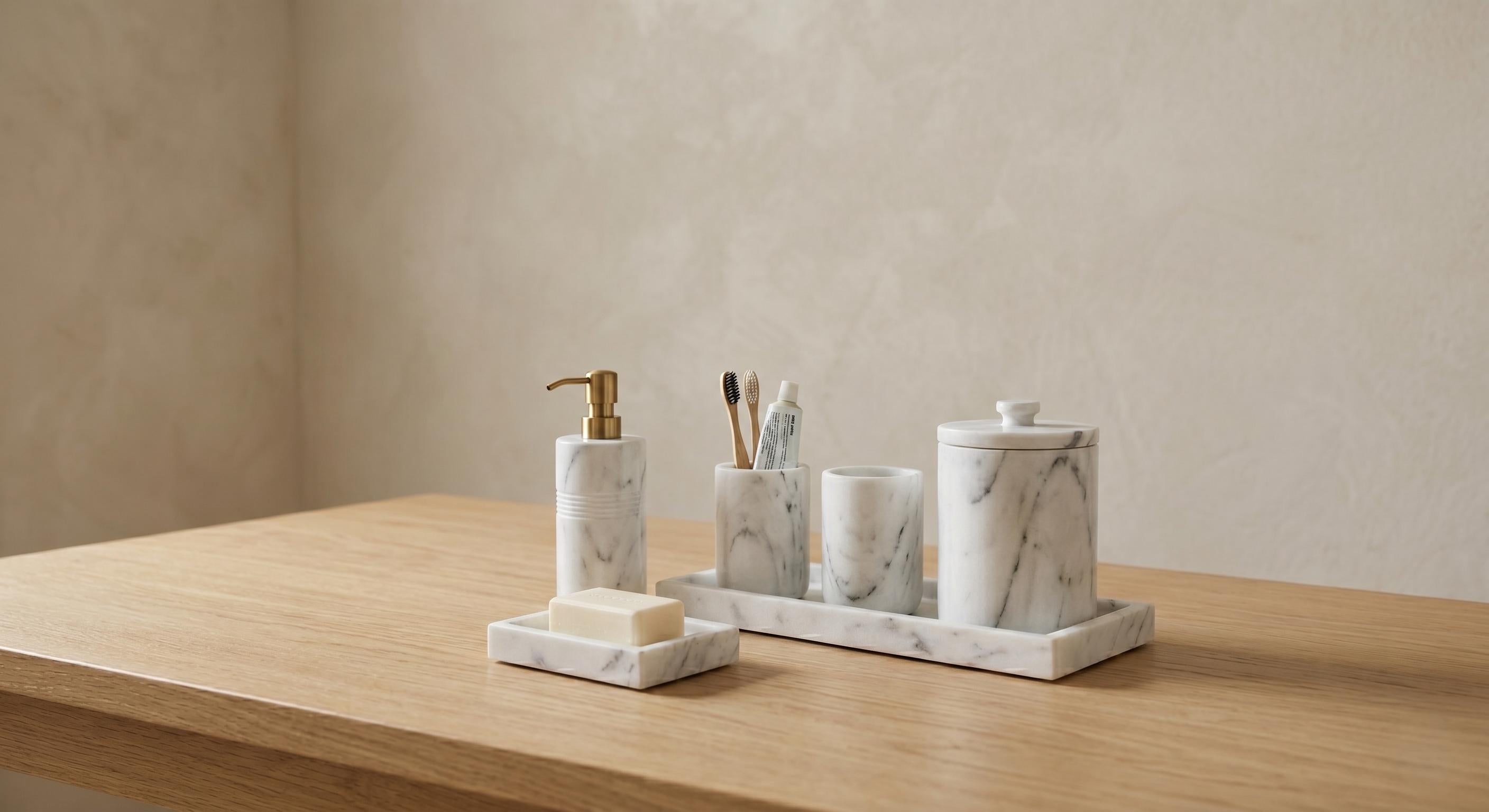 Hand-Carved Carrara Marble Bathroom Accessories Set – 6 Piece Modern Decor