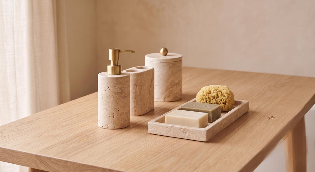 Travertine Marble Bathroom Accessories Set – 4 Piece, Brass Lid Accents