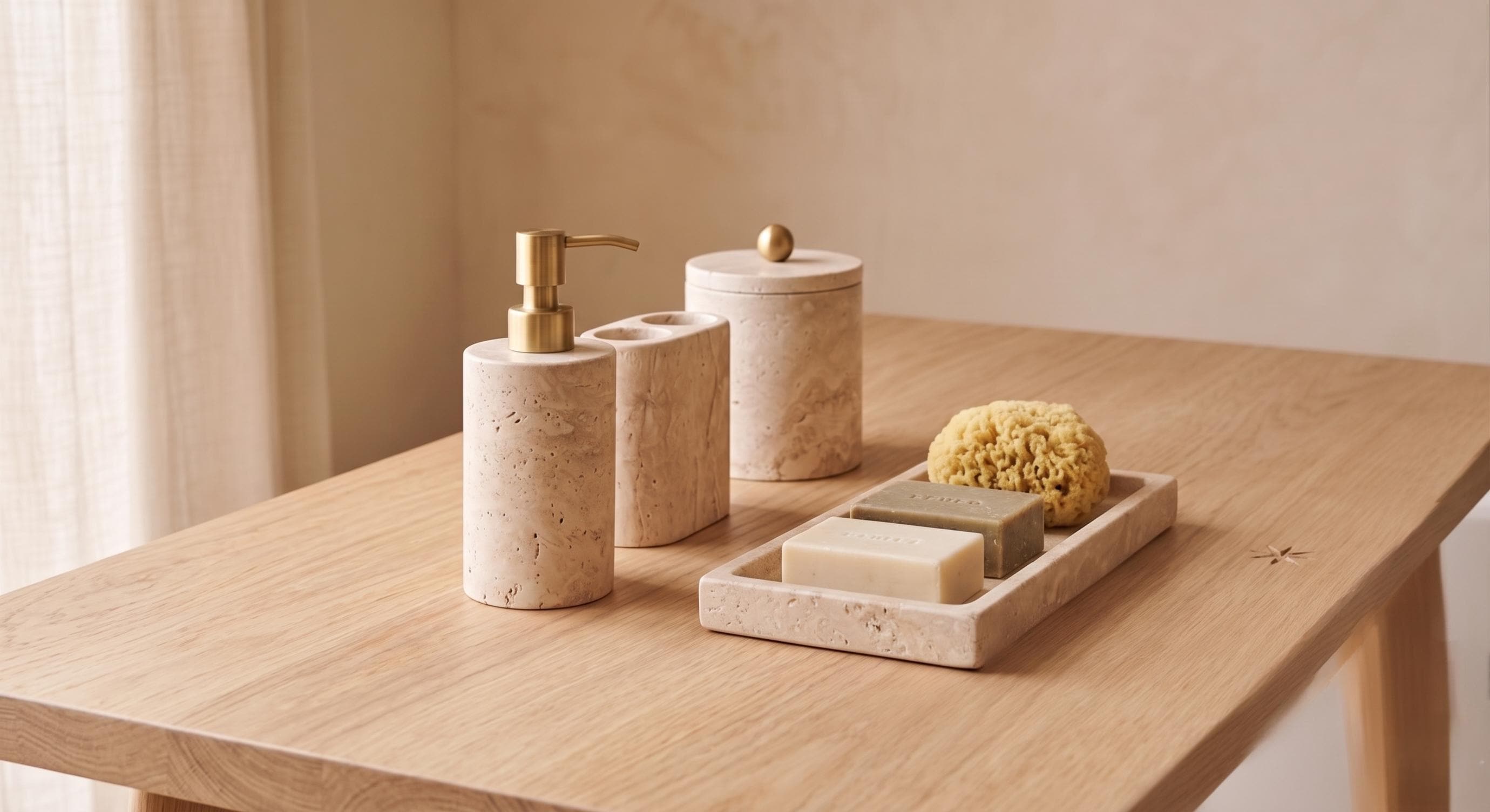 Travertine Marble Bathroom Accessories Set – 4 Piece, Brass Lid Accents