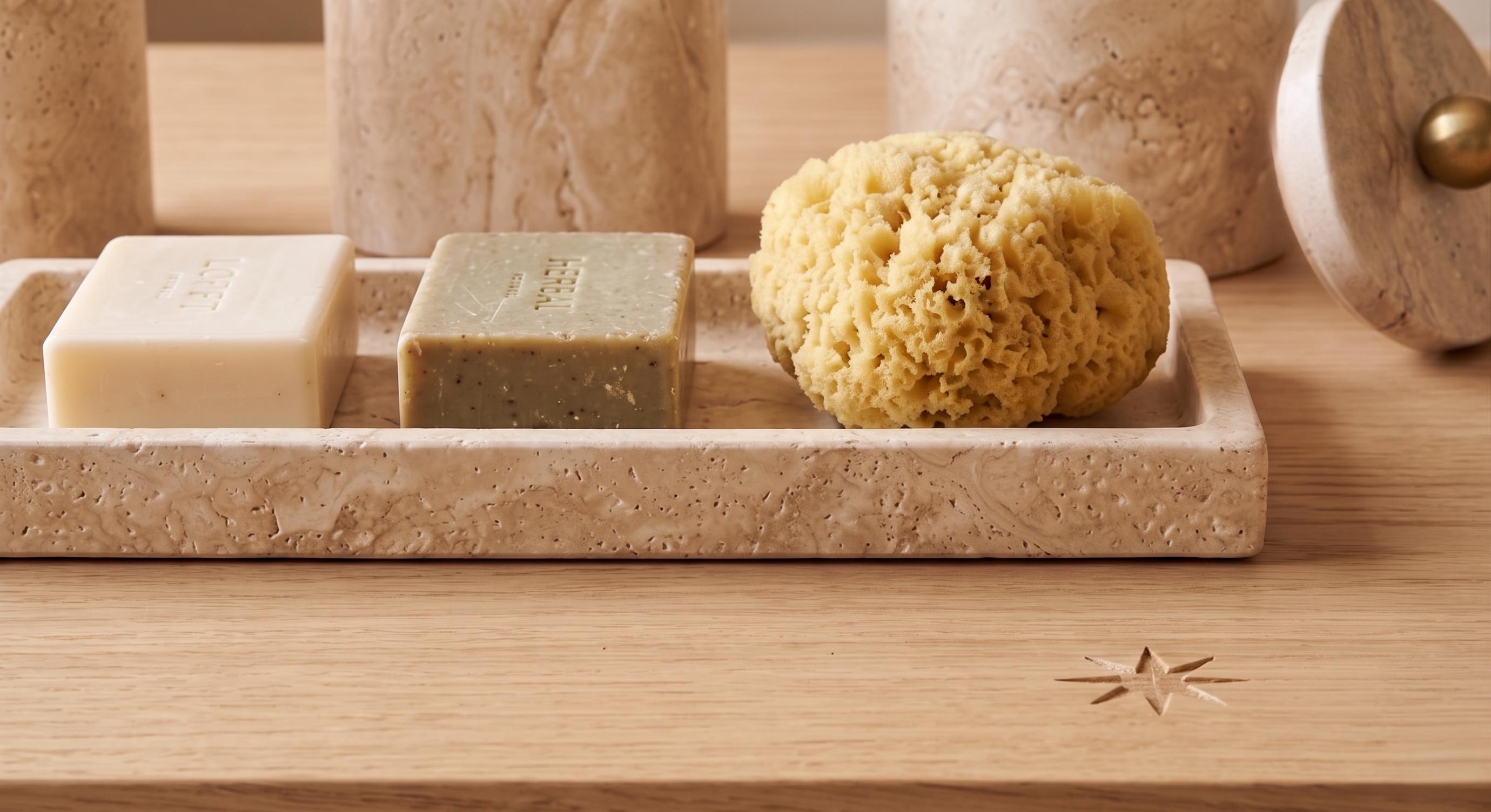 Travertine Marble Bathroom Accessories Set – 4 Piece, Brass Lid Accents
