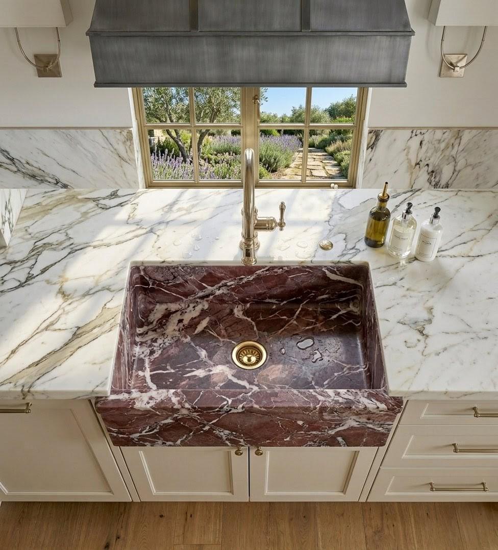 Rosso Levanto Marble Farmhouse Sink, Handcrafted Red Stone Apron Kitchen Sink
