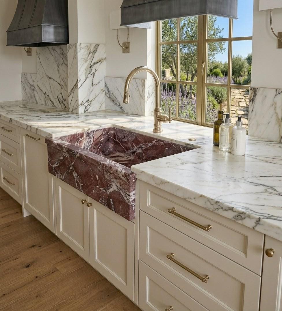 Rosso Levanto Marble Farmhouse Sink, Handcrafted Red Stone Apron Kitchen Sink