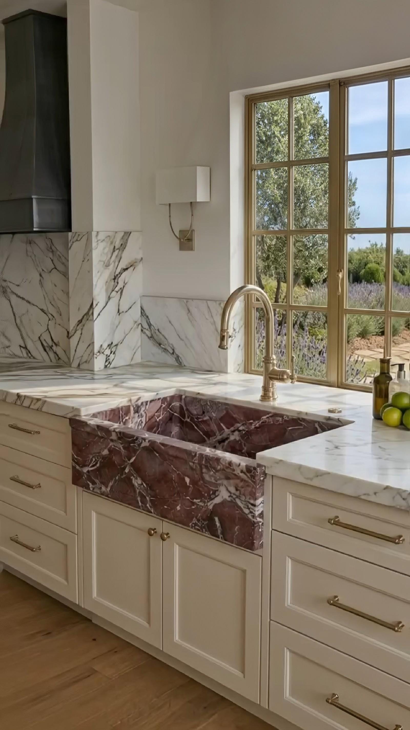 Rosso Levanto Marble Farmhouse Sink, Handcrafted Red Stone Apron Kitchen Sink