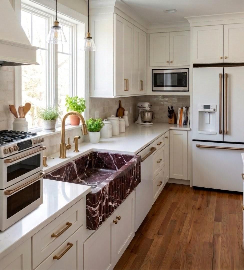 Rosso Levanto Marble Farmhouse Sink, Deep Cherry Red Apron Front, Hand-Carved Stone Washbasin