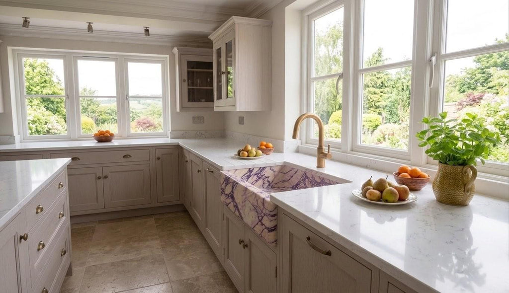 Calacatta Viola Marble Farmhouse Sink, Hand Carved Ribbed Apron Front Stone Washbasin