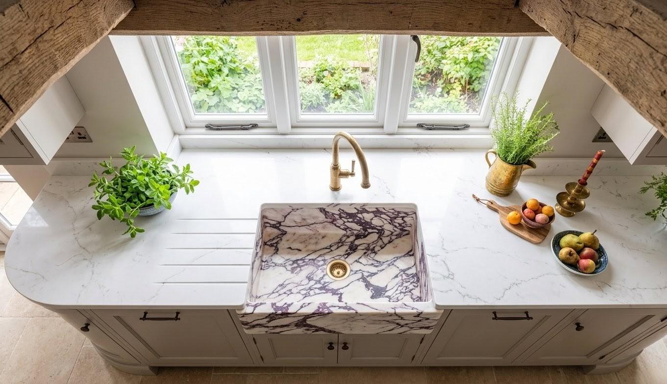 Calacatta Viola Marble Farmhouse Sink, Hand Carved Ribbed Apron Front Stone Washbasin