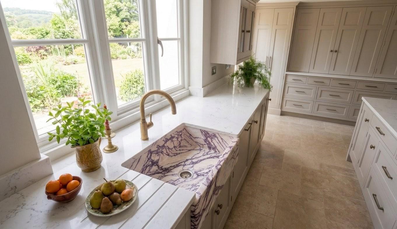 Calacatta Viola Marble Farmhouse Sink, Hand Carved Ribbed Apron Front Stone Washbasin