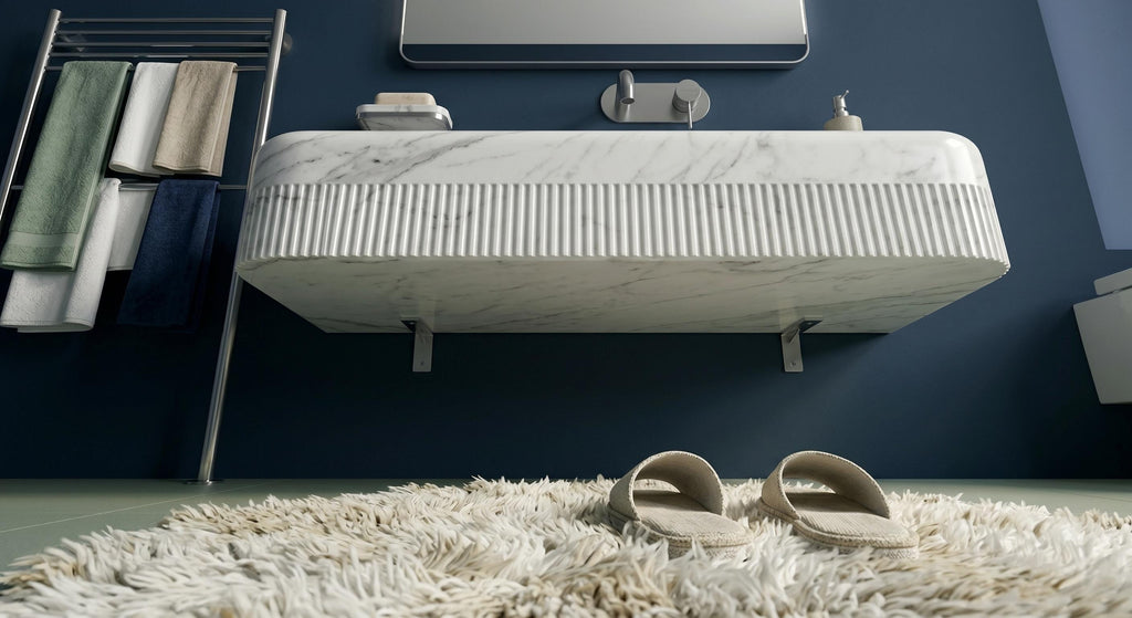 Afyon White Marble Fluted Wall-Mounted Sink, Floating Luxury Bathroom Vanity, Natural Stone Basin