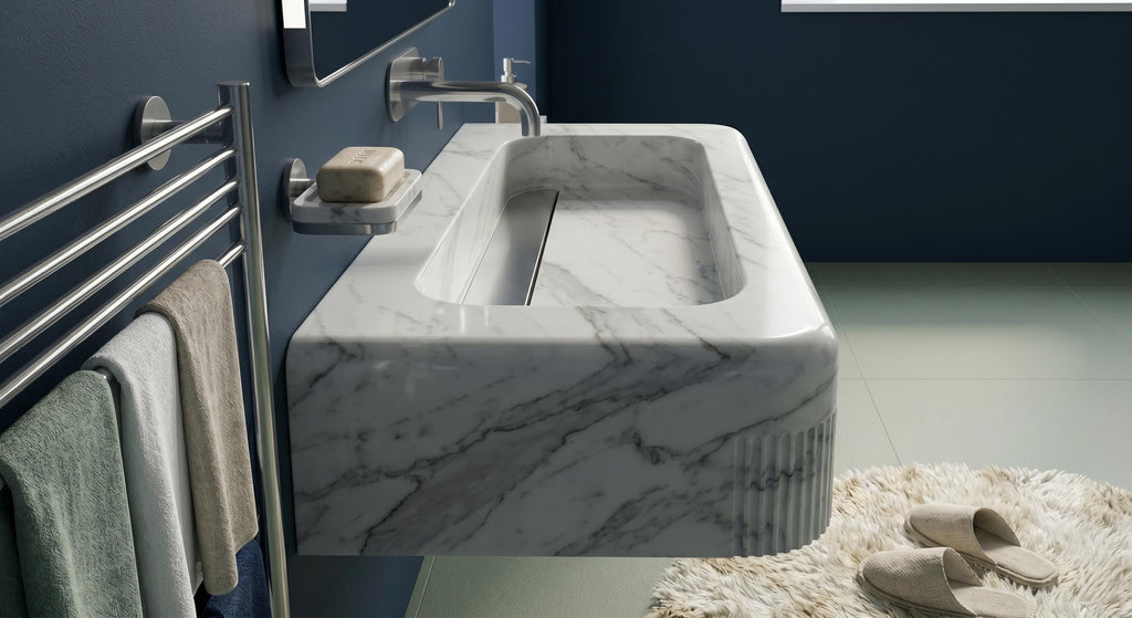 Afyon White Marble Fluted Wall-Mounted Sink, Floating Luxury Bathroom Vanity, Natural Stone Basin