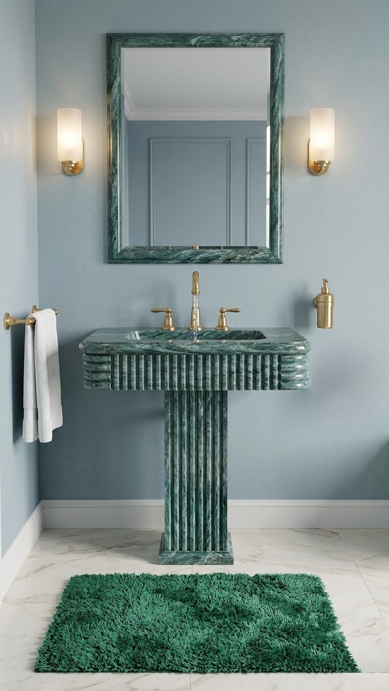 Green Marble Pedestal Sink – Handcrafted Fluted Stone Washbasin, Freestanding Column Basin