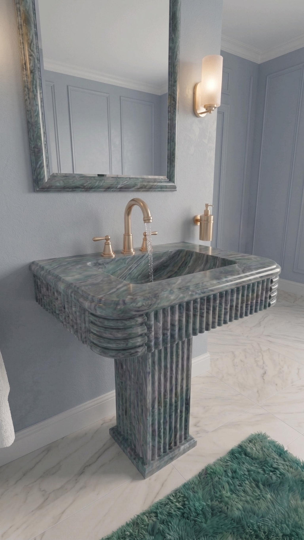 Green Marble Pedestal Sink – Handcrafted Fluted Stone Washbasin, Freestanding Column Basin