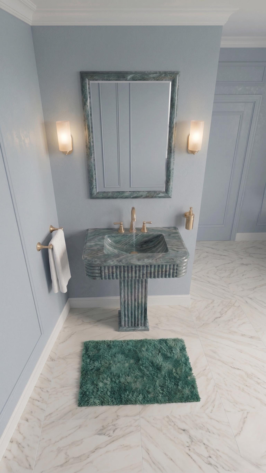 Green Marble Pedestal Sink – Handcrafted Fluted Stone Washbasin, Freestanding Column Basin