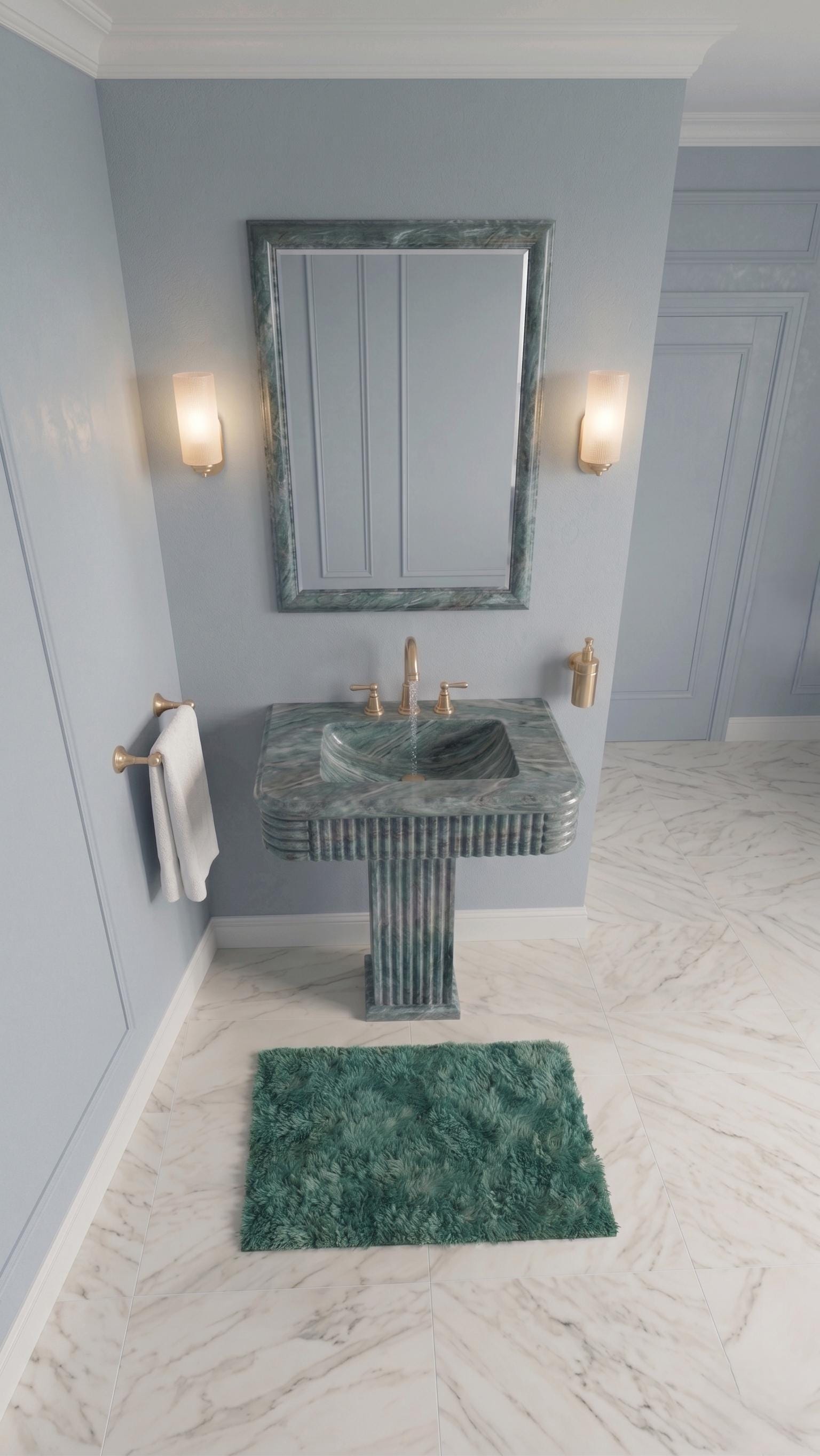 Green Marble Pedestal Sink – Handcrafted Fluted Stone Washbasin, Freestanding Column Basin