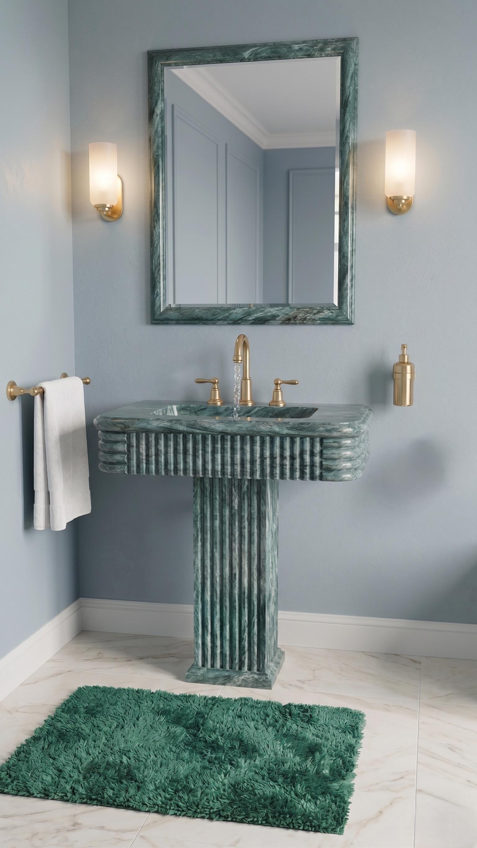 Green Marble Pedestal Sink – Handcrafted Fluted Stone Washbasin, Freestanding Column Basin