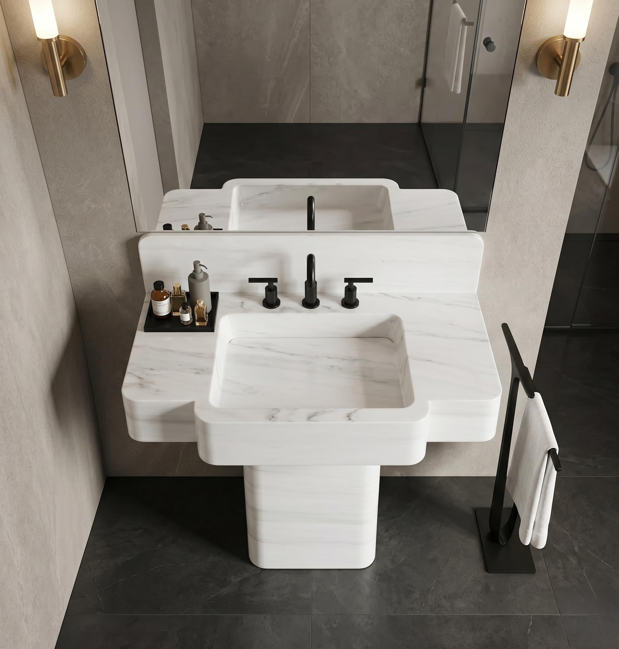 Marmara White Marble Vanity Sink and Pedestal – Integrated Stone Basin Set