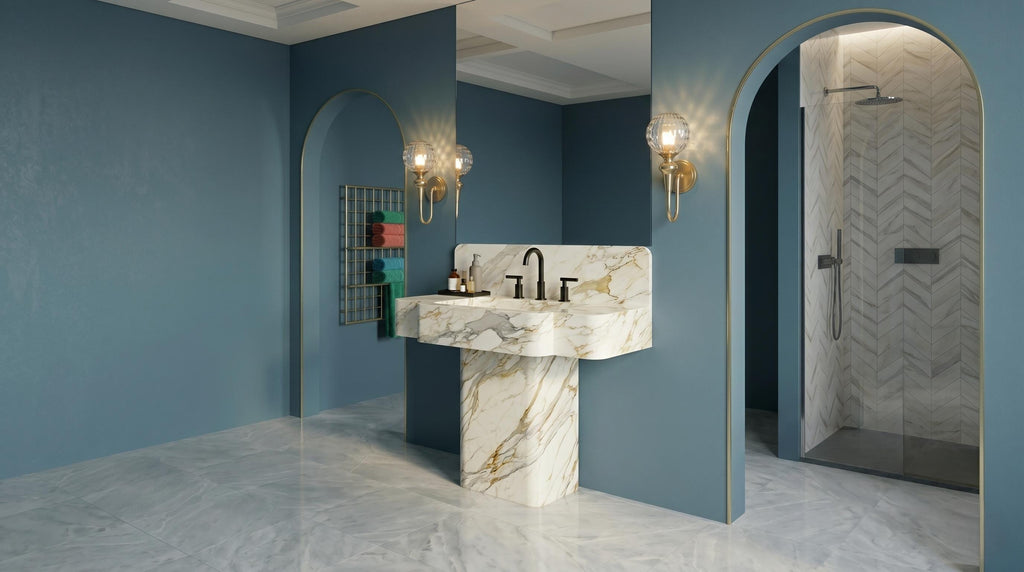 Calacatta Gold Marble Pedestal Sink, Artistic Free Standing Washbasin, Integrated Vanity Set