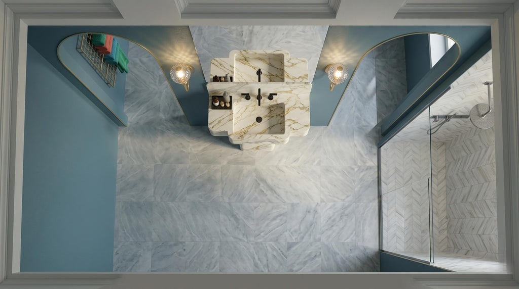 Calacatta Gold Marble Pedestal Sink, Artistic Free Standing Washbasin, Integrated Vanity Set