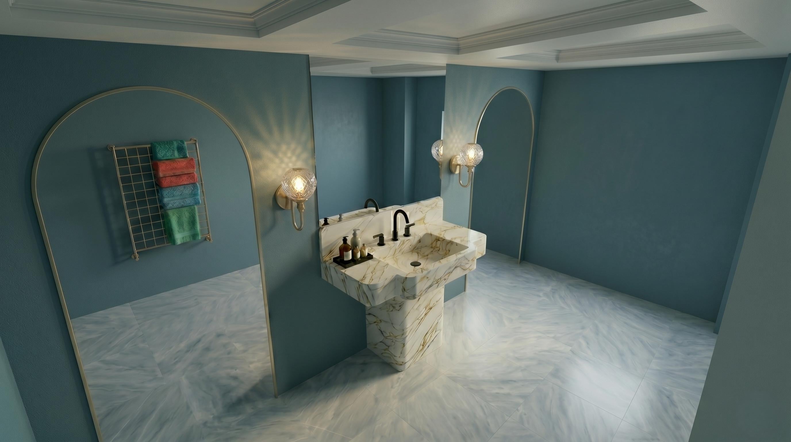 Calacatta Gold Marble Pedestal Sink, Artistic Free Standing Washbasin, Integrated Vanity Set