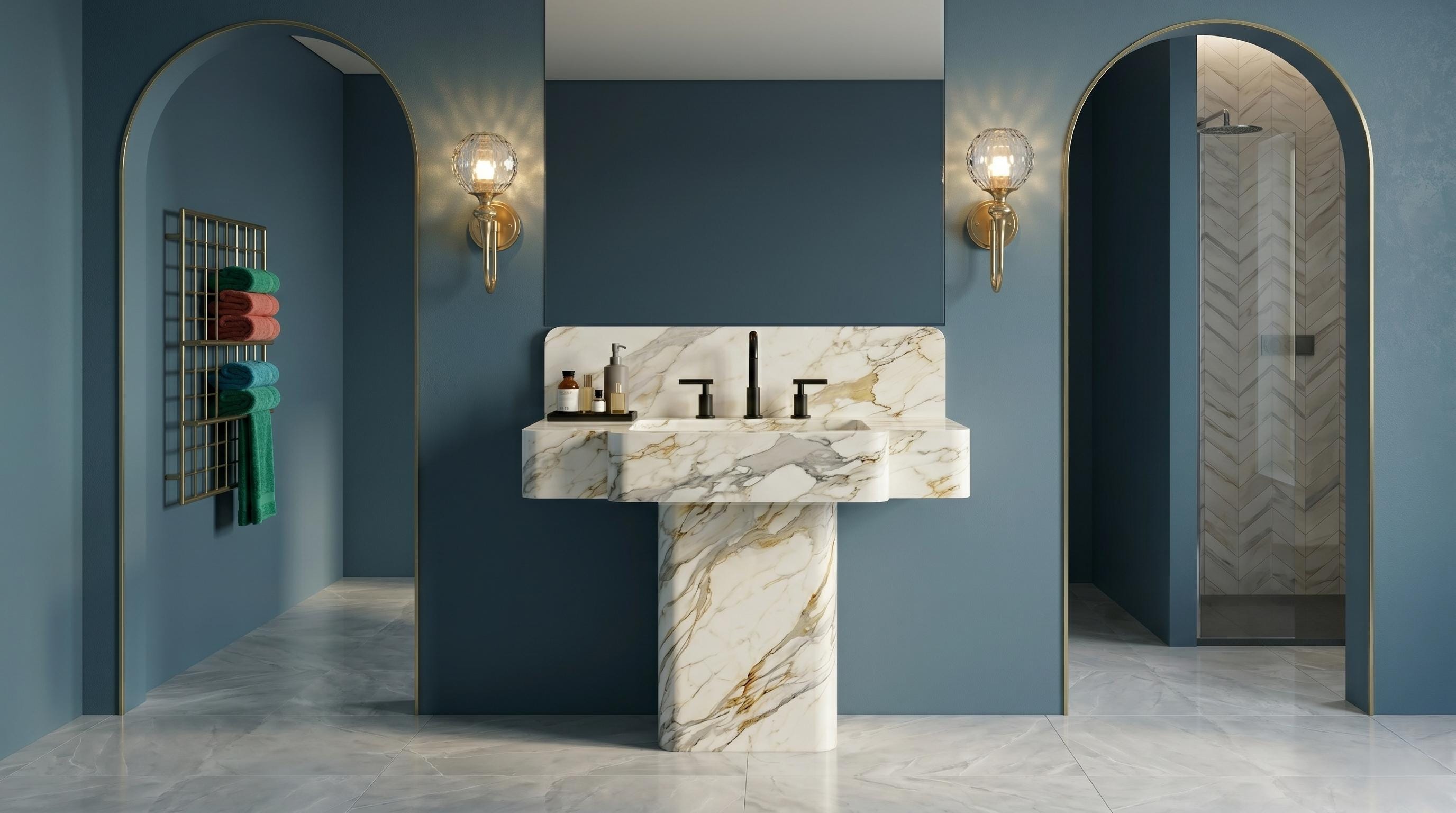 Calacatta Gold Marble Pedestal Sink, Artistic Free Standing Washbasin, Integrated Vanity Set