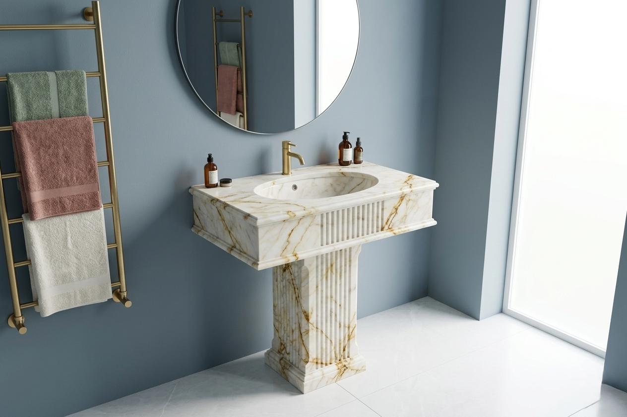 Calacatta Gold Marble Pedestal Sink, Artistic Free Standing Stone Washbasin