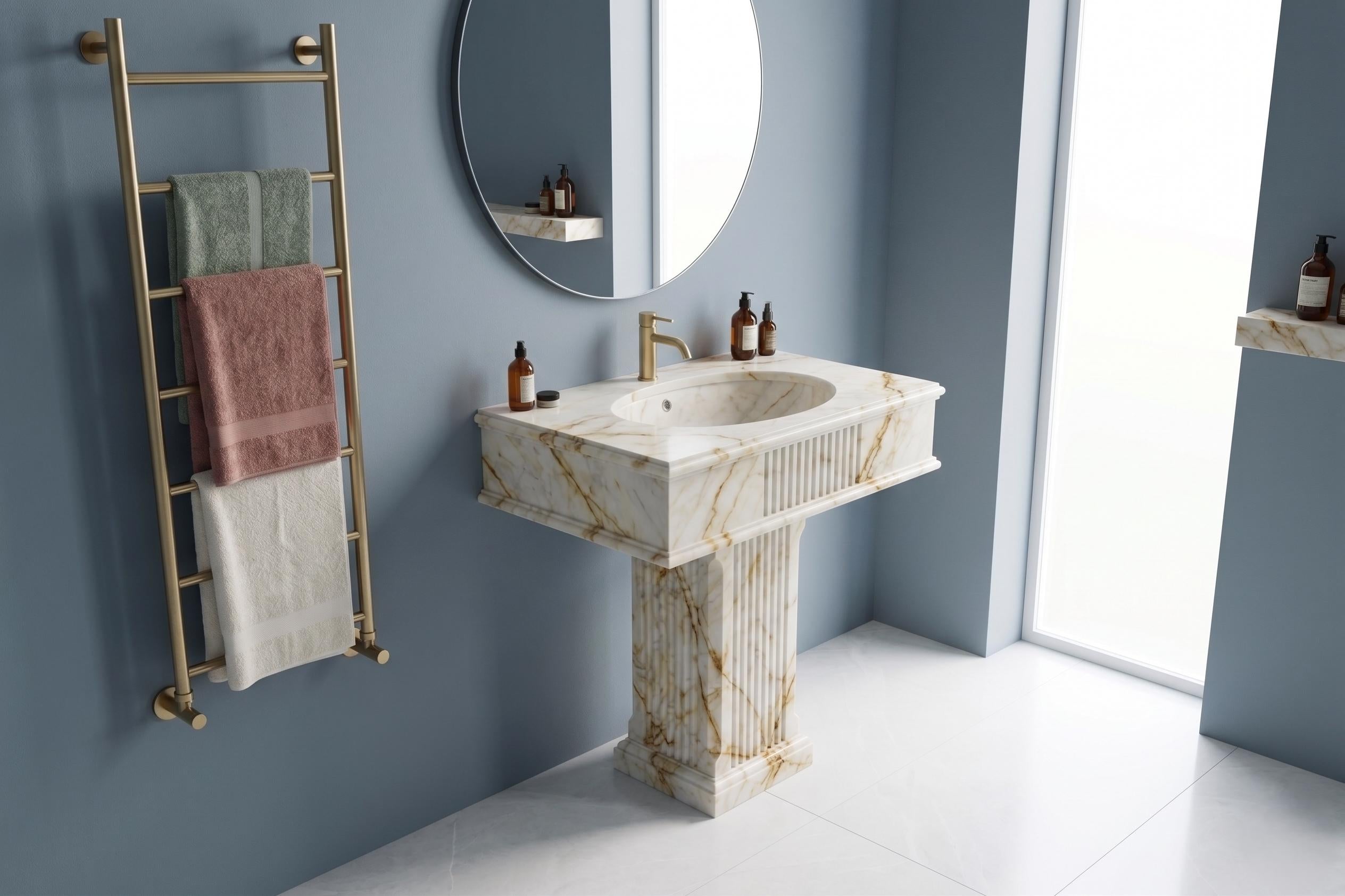 Calacatta Gold Marble Pedestal Sink, Artistic Free Standing Stone Washbasin