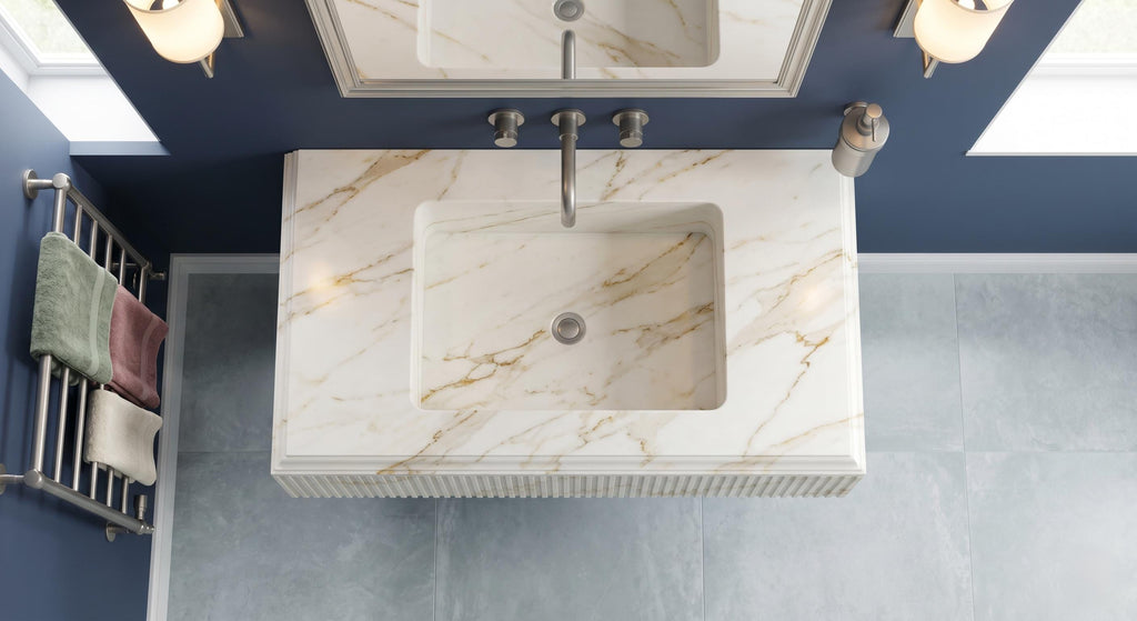 Calacatta Gold Marble Floating Sink, Hand Carved Wall Mounted Vanity, Luxury Bathroom Washbasin
