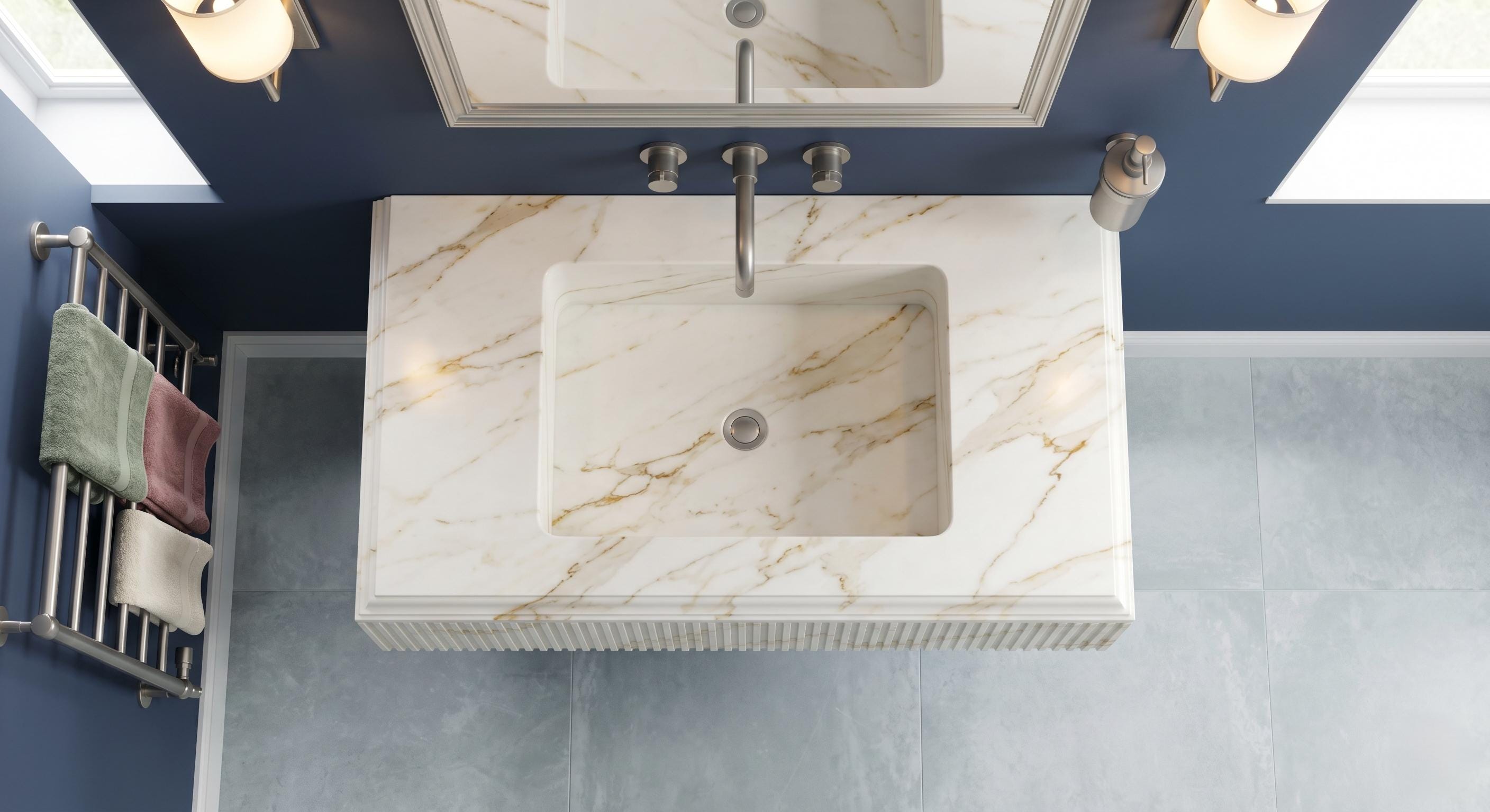 Calacatta Gold Marble Floating Sink, Hand Carved Wall Mounted Vanity, Luxury Bathroom Washbasin