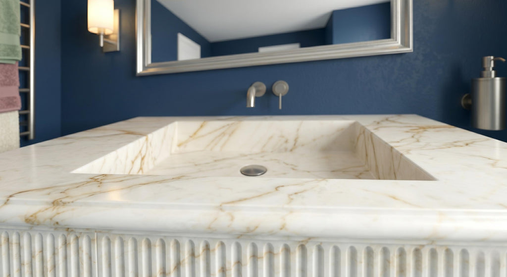 Calacatta Gold Marble Floating Sink, Hand Carved Wall Mounted Vanity, Luxury Bathroom Washbasin