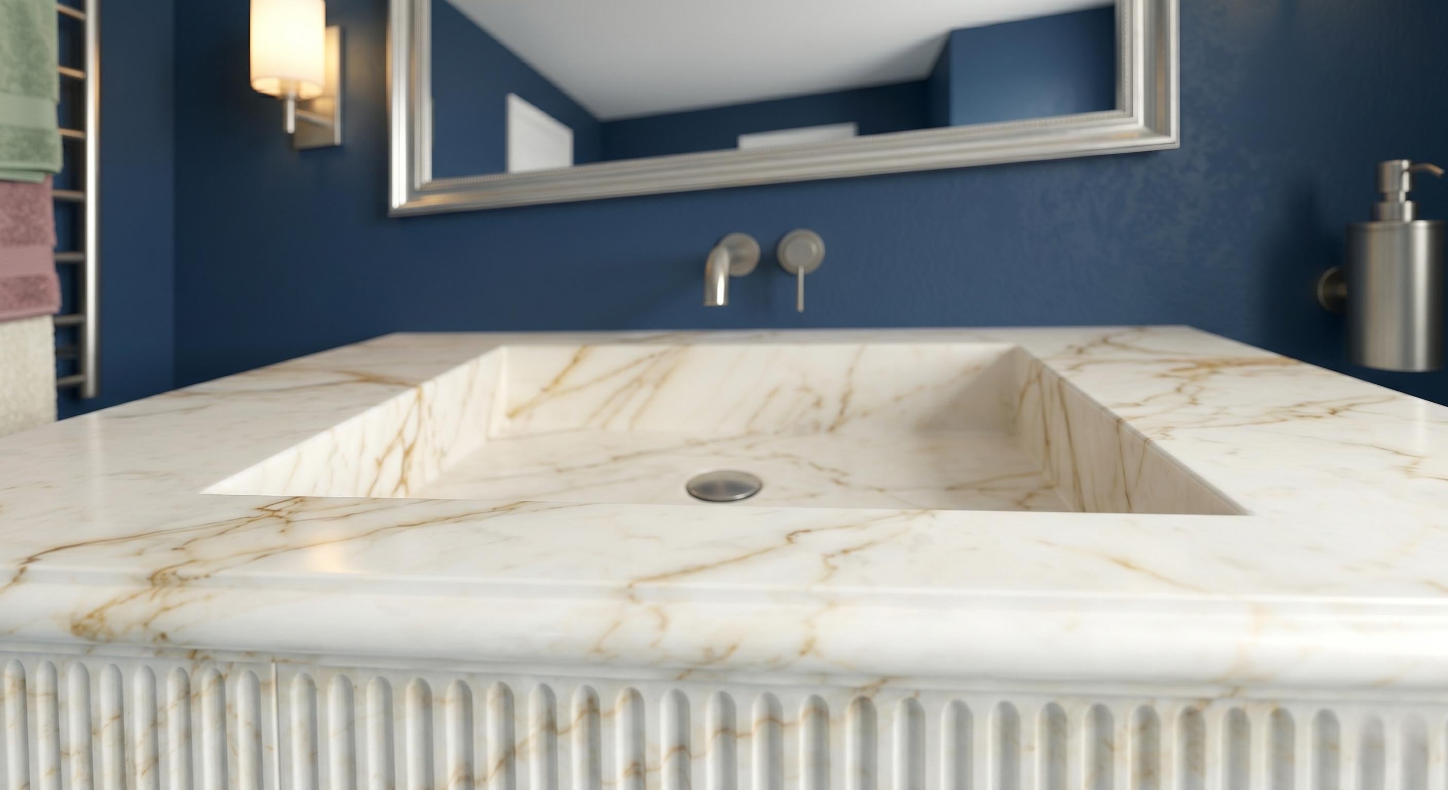 Calacatta Gold Marble Floating Sink, Hand Carved Wall Mounted Vanity, Luxury Bathroom Washbasin
