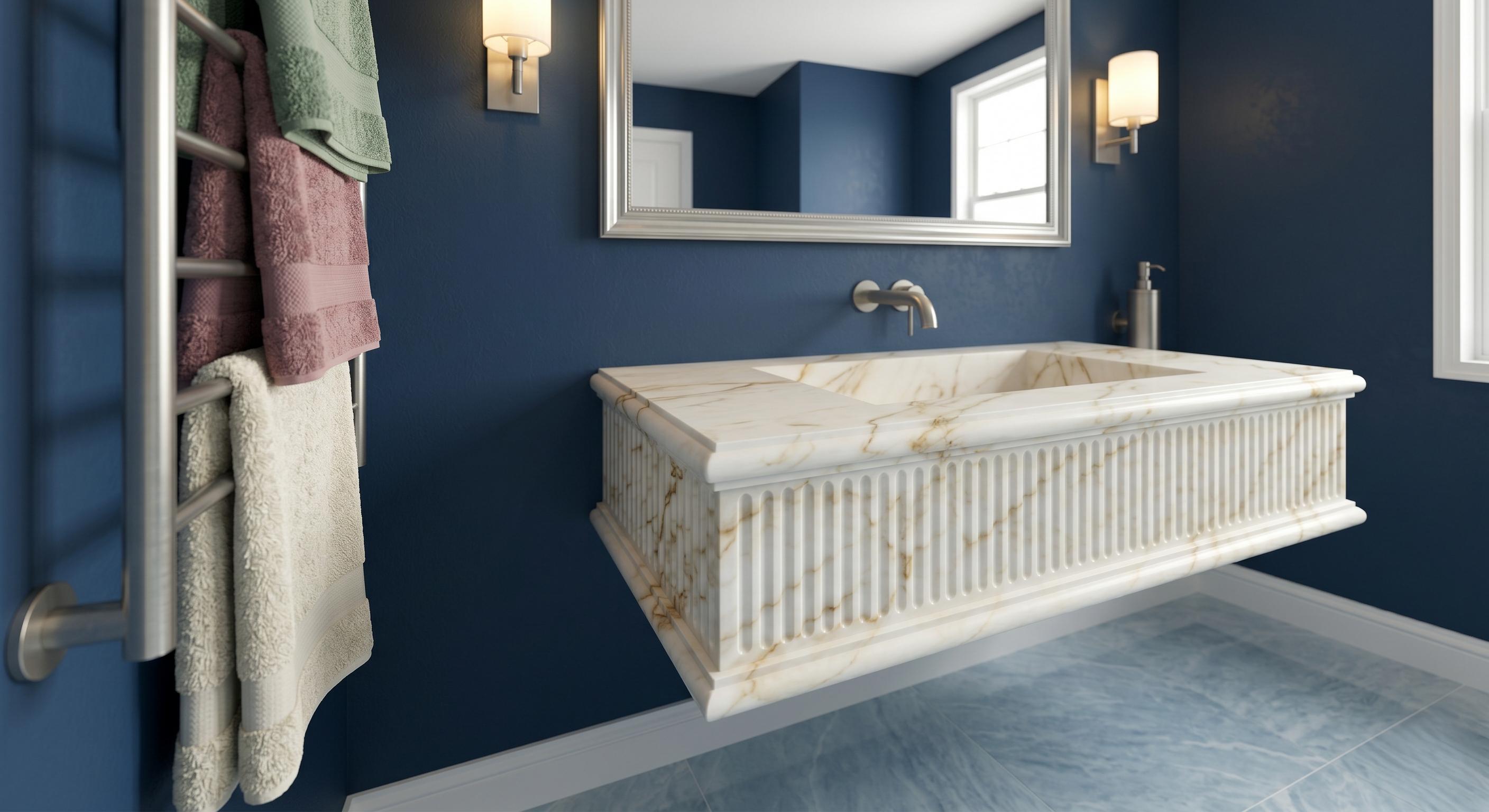 Calacatta Gold Marble Floating Sink, Hand Carved Wall Mounted Vanity, Luxury Bathroom Washbasin