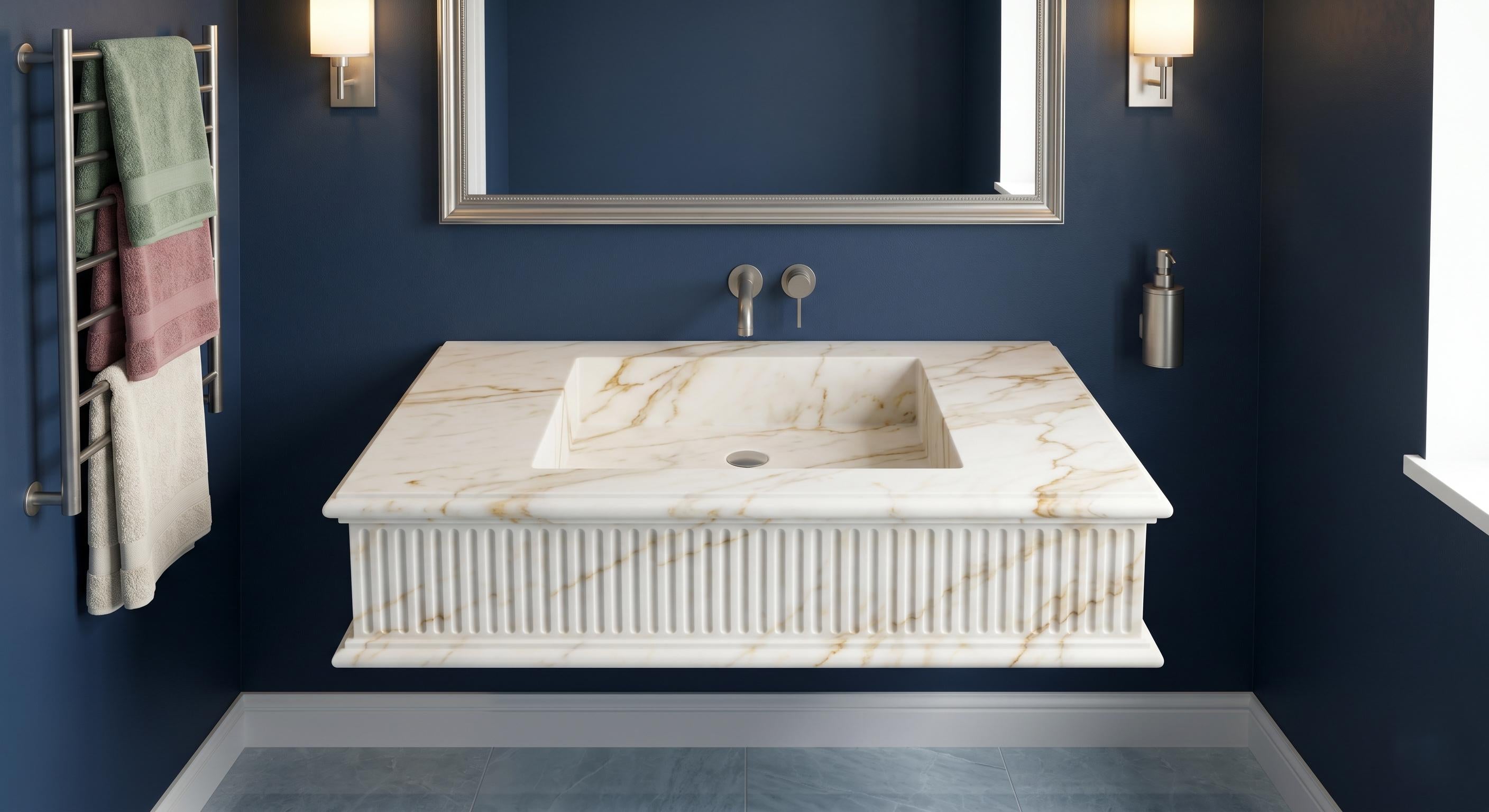 Calacatta Gold Marble Floating Sink, Hand Carved Wall Mounted Vanity, Luxury Bathroom Washbasin