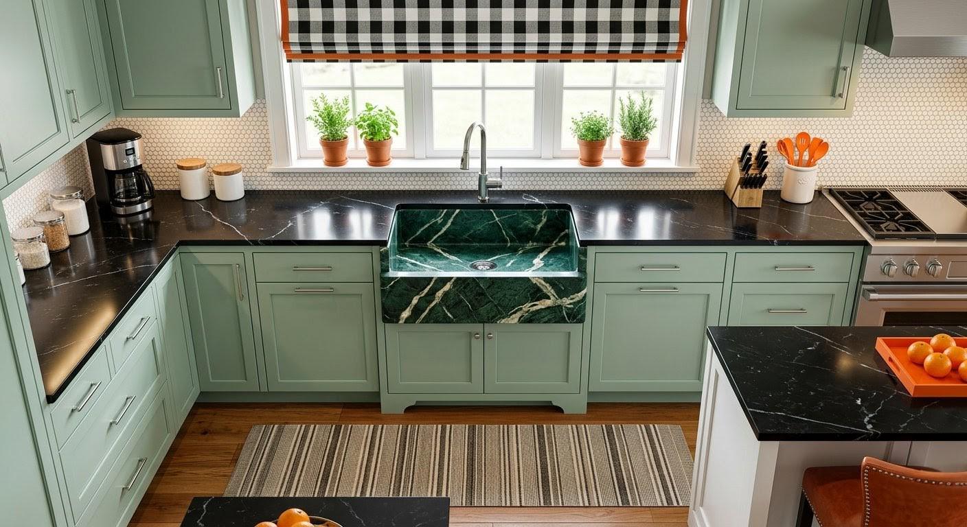 Verde Levanto Marble Farmhouse Sink, Italian Natural Stone Apron Front Kitchen Basin