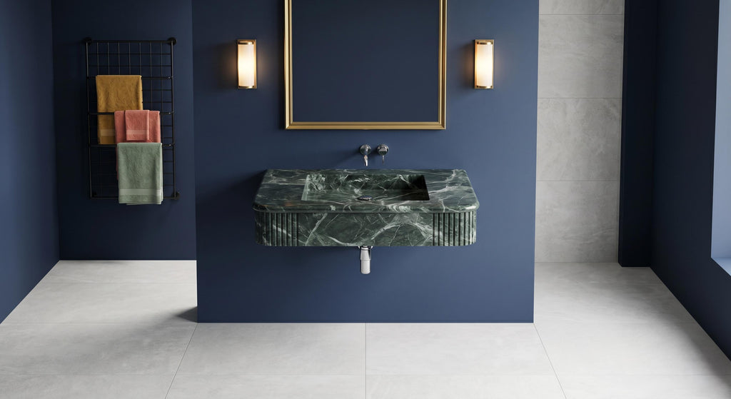 Verde Levanto Marble Sink, Handcarved Fluted Vanity Wash Basin, Luxury Green Stone
