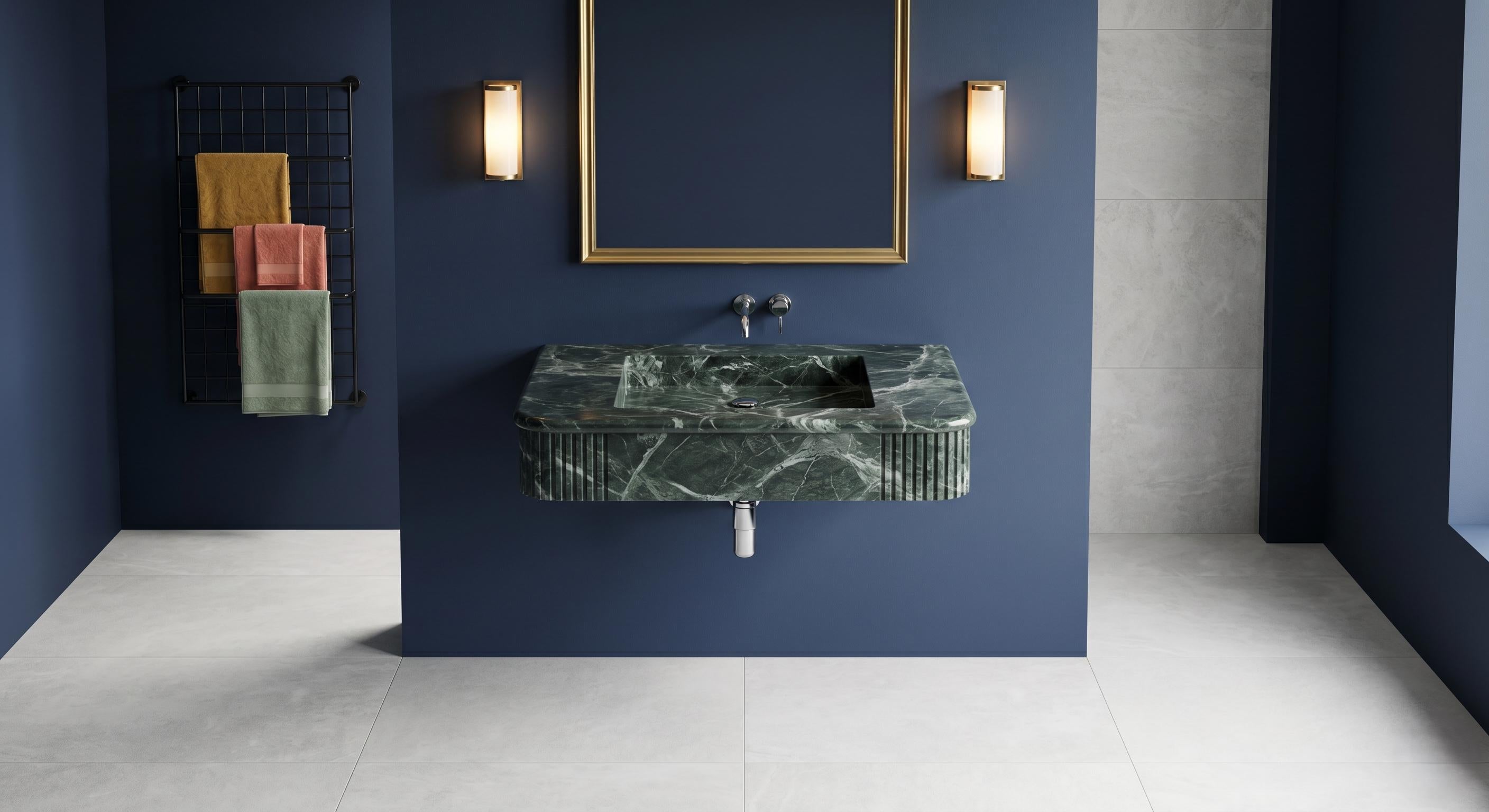 Verde Levanto Marble Sink, Handcarved Fluted Vanity Wash Basin, Luxury Green Stone