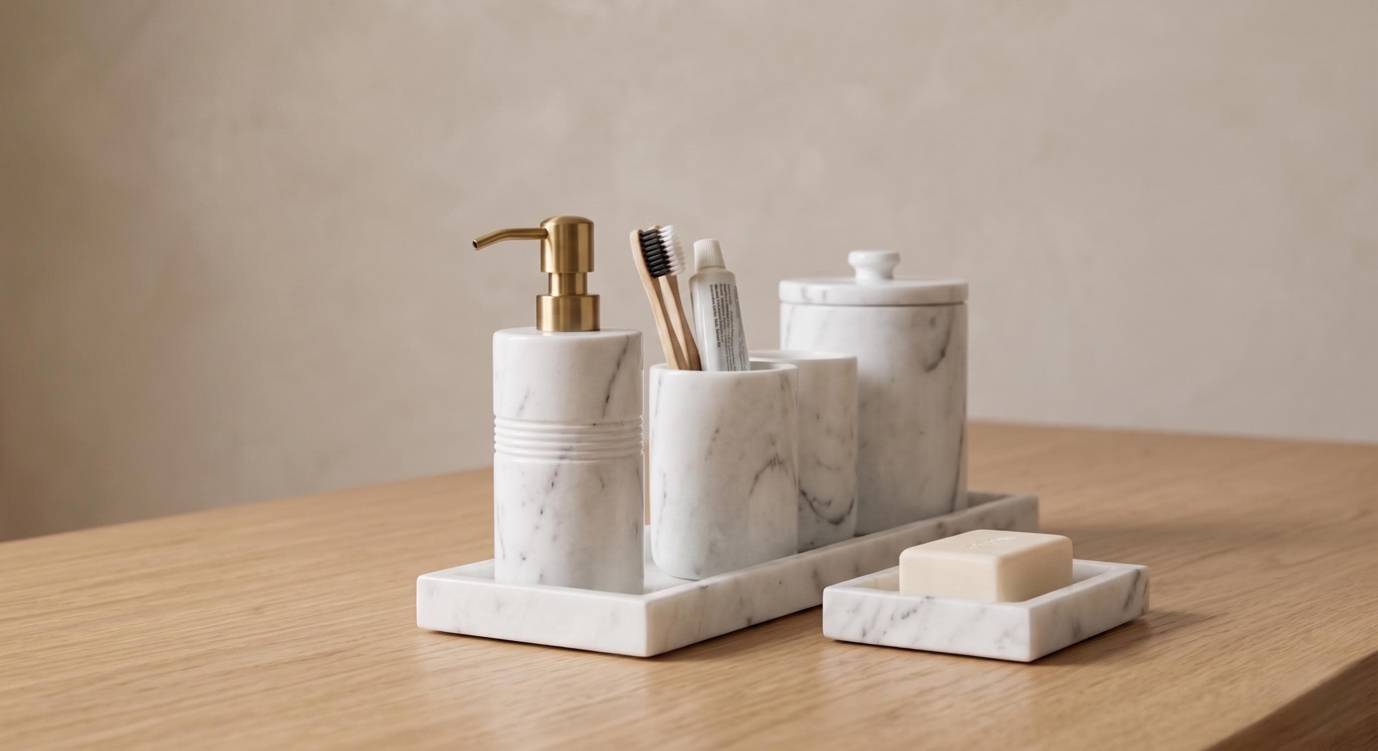 Hand-Carved Carrara Marble Bathroom Accessories Set – 6 Piece Modern Decor
