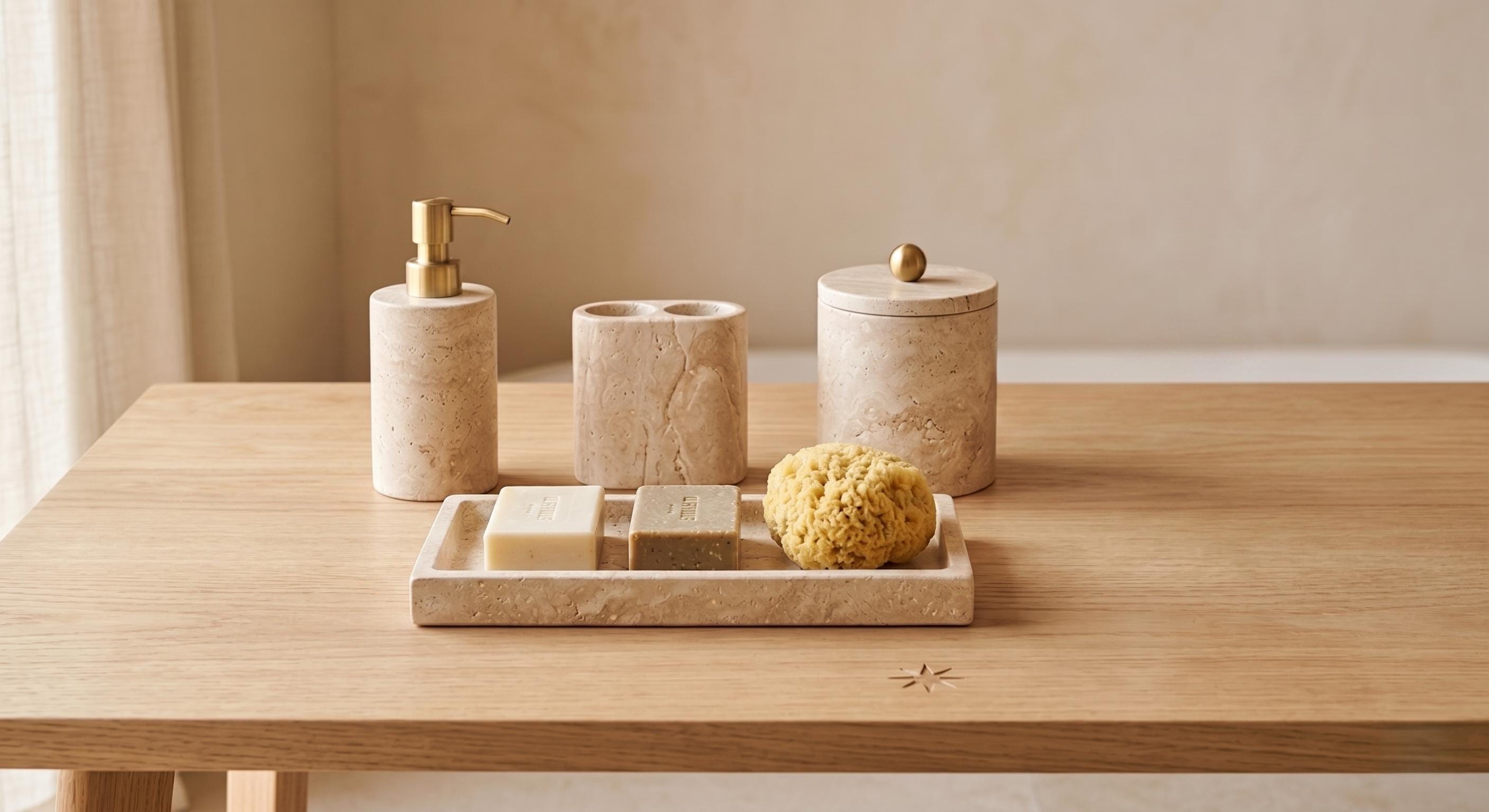 Travertine Marble Bathroom Accessories Set – 4 Piece, Brass Lid Accents