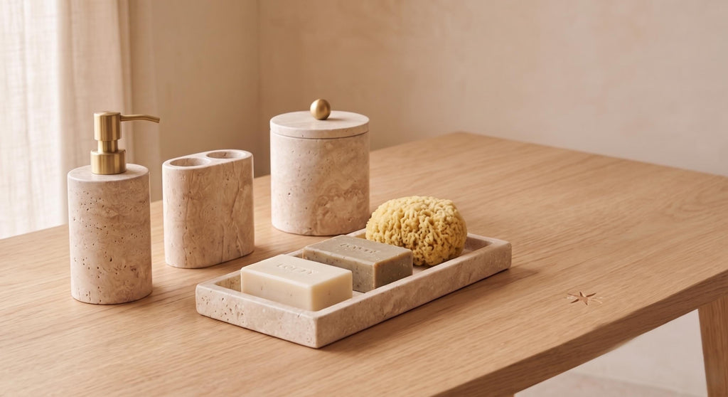Travertine Marble Bathroom Accessories Set – 4 Piece, Brass Lid Accents
